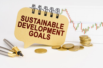 On the table are coins, a pen, a graph and a sign with the inscription - Sustainable Development Goals