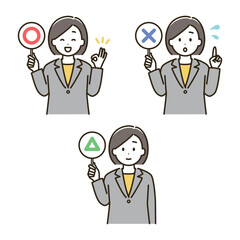 まるとばつとさんかくの札を持ったスーツを着ている女性のイラスト（肌色なしバージョン）