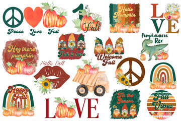 Fall Illustrations. Autumn quotes collection. Kids sublimation designs with gnomes and pumpkins