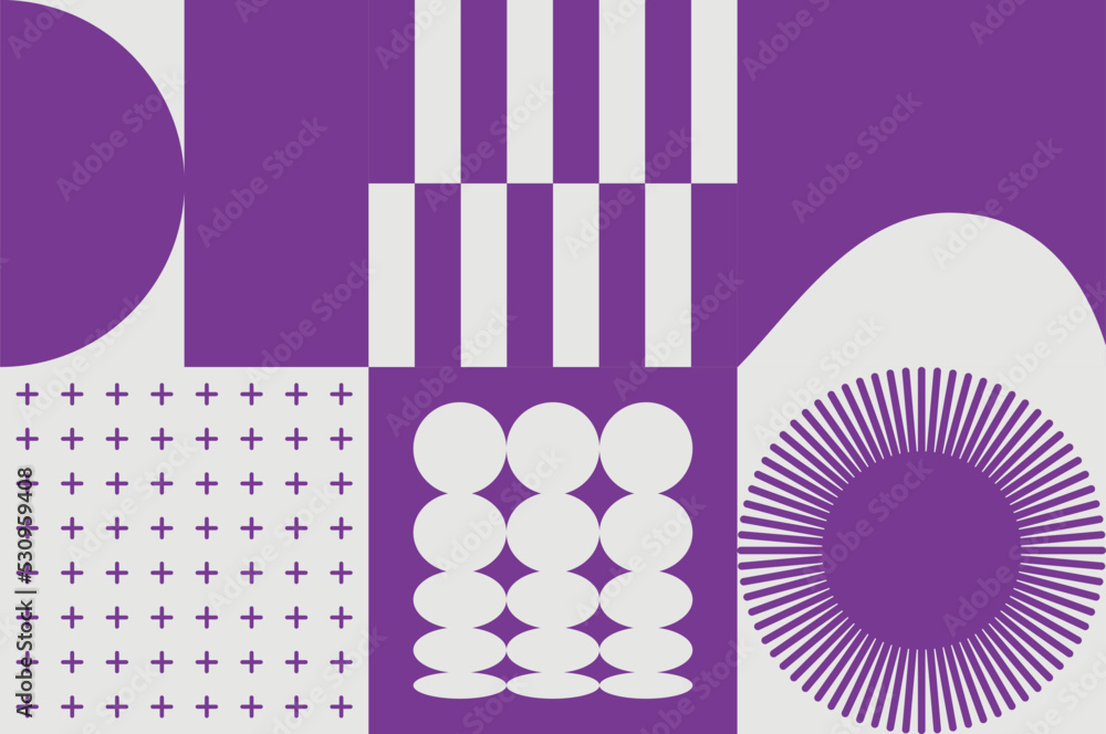 Poster purple background with geometric pattern. involves circles, ellipses, rectangles and other flat shap