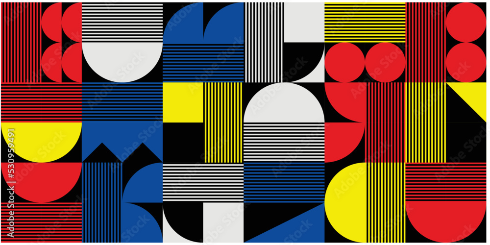 Poster colorful geometric background with black as the base color, with circles, triangles and rectangles f