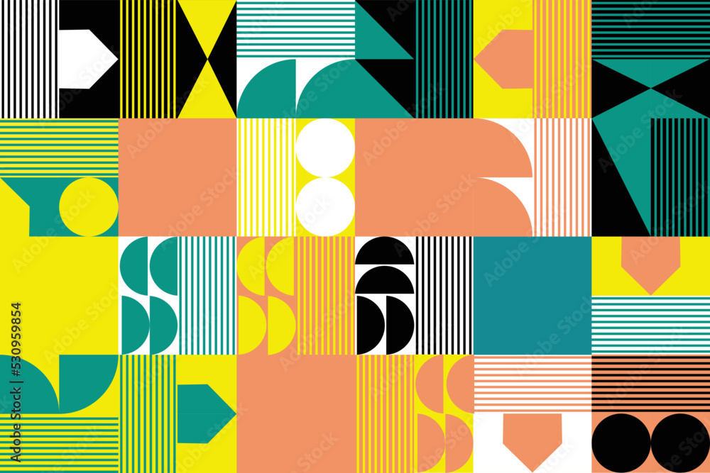 Poster background texture with geometric patterns involving squares, rectangles, triangles, circles, kites,