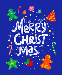 Fototapeta premium Merry Christmas and Happy New Year%21 2021%21 Drawing for poster or pattern. Vector trendy abstract illustrations of holiday card with forest santa claus fox deer lettering christmas tree and pin