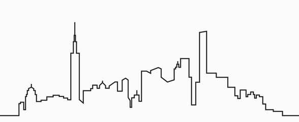Modern City Skyline outline drawing on white background.