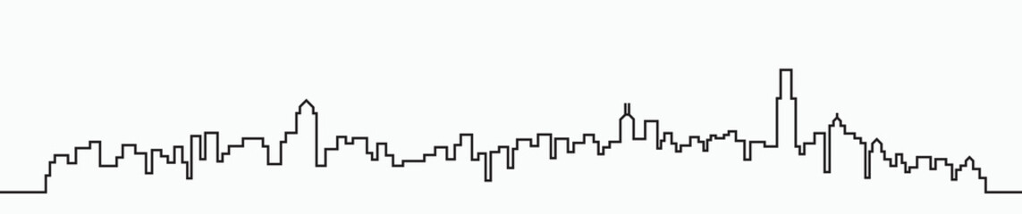 Modern City Skyline outline drawing on white background.