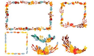 PNG transparent background, Set of watercolor square and rectangular frames, semicircular wreaths, arrangements of autumn plants, twigs, leaves, mushrooms, cones, acorns, maple leaf, oak leaf, autumn 
