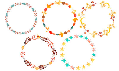 PNG transoarent background, a set of watercolor round frames, wreaths, autumn plants, twigs, leaves, stars, suitable for Thanksgiving, wedding day, Halloween, motivational designs.
