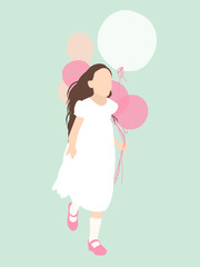 A little girl in a chic dress celebrates her birthday with pink balloons in her hand
