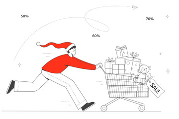 Man in Santa hat runs with shopping cart full of purchases. Shopping for the new year. The concept of a Christmas sale.