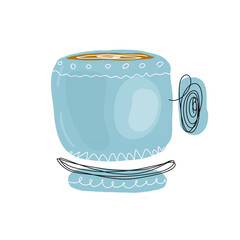 Drawn blue cup with tea or coffee 