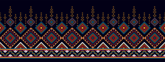 Ikat geometric pixel ethnic seamless home decoration design. Aztec fabric carpet boho mandalas textile decor wallpaper. Tribal native motif folk traditional embroidery vector  - obrazy, fototapety, plakaty