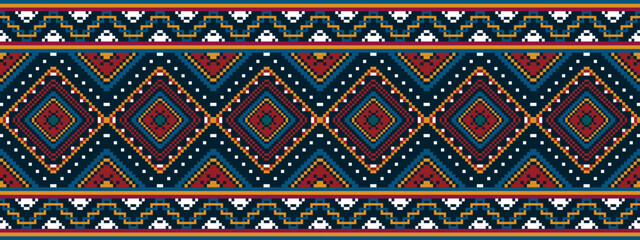 Ikat geometric pixel ethnic seamless home decoration design. Aztec fabric carpet boho mandalas textile decor wallpaper. Tribal native motif folk traditional embroidery vector 