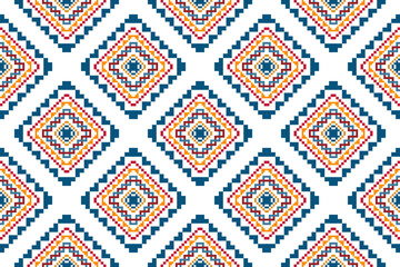 Ikat geometric pixel ethnic seamless home decoration design. Aztec fabric carpet boho mandalas textile decor wallpaper. Tribal native motif folk traditional embroidery vector 
