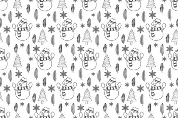 Fototapeta na wymiar Christmas seamless pattern design. Winter minimal home decoration ornaments vector snow, bear, Santa, Christmas tree, Christmas leaves, hand drawing 