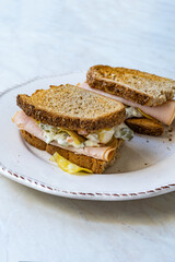 Light Sandwich with Smoked Turkey Breast and Russian Salad.