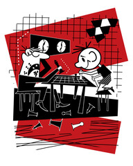 A father teaches his son to play chess. Vector illustration.