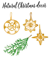Watercolor hand drawn natural Christmas decor, New Year clip art, decorative elements, decorative snowflakes, golden snowflakes, Christmas tree toys