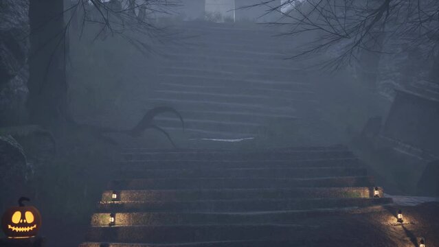A illuminated staircase with lanterns and pumpkins at midnight.