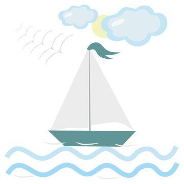 A cartoon ship with a sail floats against the background of waves. The sea is a pretty boat. Vector illustration in children's style. Isolated funny clipart.
