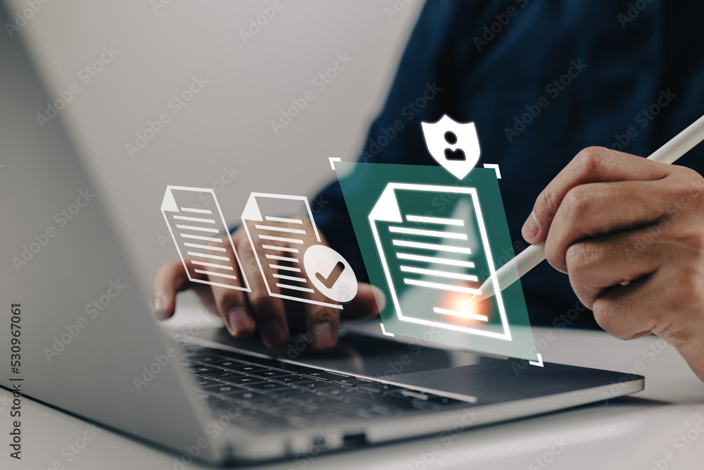 Poster smart contract. concept of data protection and privacy policy with a man signing a digital signature