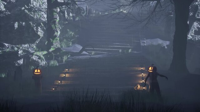 Slow camera movement towards a staircase decorated for halloween with walking zombies