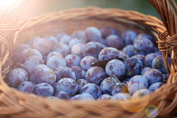 Autumn fruits harvest time. A mat basket full of plums in a beautiful sunset light.