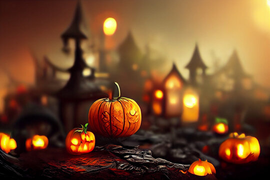 Happy Halloween background with scary pumpkin in graveyard with haunted house