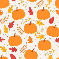 Seamless pattern with autumn leaves and pumpkins. Autumn cozy concept for wrapping paper, textile