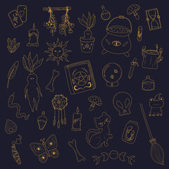 Vector illustration of doodle witch inventory set.Doodle magic and witchcraft, witch esoteric alchemy elements in hand drawn style.Collection halloween elements