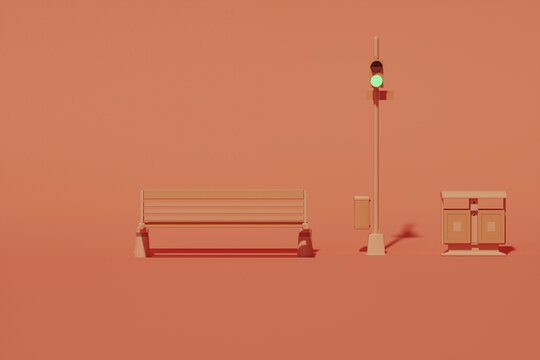 street light and park bench on orange color, hot summer background. Creative composition. Light background with copy space. 3D render for web page, presentation, studio.
