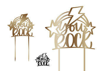 You rock cake topper with bolt and stars. Birthday, music themed or any other party versatile decoration cut file vector design with calligraphy text.