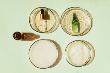 Skin care. Aloe vera gel and aloe vera leaves on a light green background.