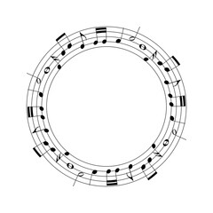 black music staff and various notes round frame on white background. Musical notes melody vector illustration