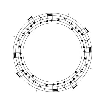 Black Music Staff And Various Notes Round Frame On White Background. Musical Notes Melody Vector Illustration