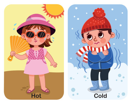 Hot and cold concepts for preschool children. Educational vector illustration.