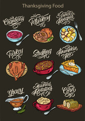 Vector illustration. Thanksgiving food. Illustrations for menus in cafes, restaurants, stickers. Handwritten lettering.