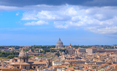 Fototapeta na wymiar Rome skyline: on background Saint Peter's Basilica in Italy.