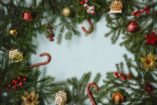 Christmas frame with fir and baubles.