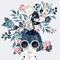 Vector illustration of a girl wearing sunglasses and decorating the hair with flowers. Design for cards, party invitation, Print, Frame Clip Art and Business Advertisement and Promotion	