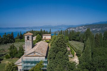 Monastery on the Eremo di San Giorgio hill,.Lake Garda, Italy. Aerial view of Eremo di San Giorgio,...