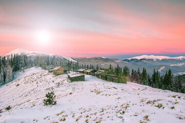 spectacular winter scenery, awesome sunset landscape, beautiful nature background in the mountains, Carpathian mountains, Ukraine, Europe	