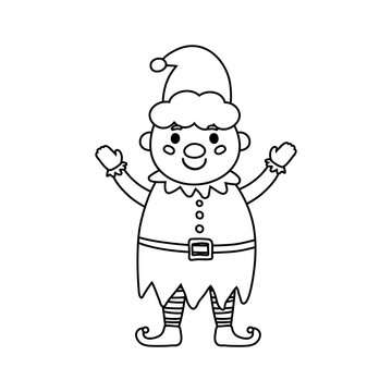 Cute Christmas elf coloring page for kids. Winter Christmas character