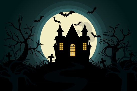 a house on a hill against the background of the night sky of the full moon and bats of trees and grave crosses