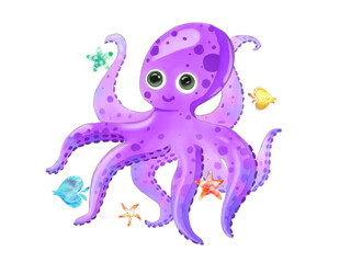 Cartoon Violet ocean octopus. Idea for icon, food, children’s art or books 