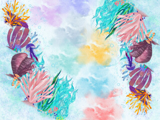 Fototapeta na wymiar Cartoon Watercolor seashells, reef. Idea for books, children’s art, icon, print, decoration