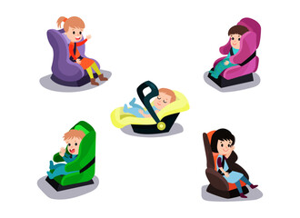Happy Smiling Children Sitting in Portable Car Seat Vector Set