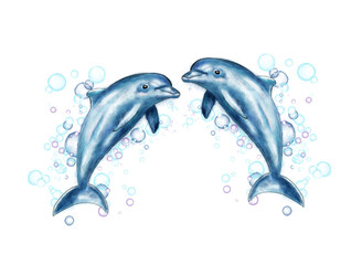 Naklejka premium Graphic Illustration of couple blue watercolor dolphins . Idea for stickers, books, icon, print, banner, baby birthday , cartoon