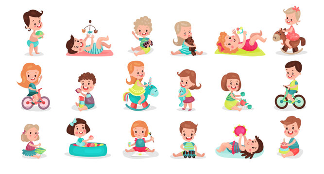 Baby Characters Playing with Toys in Their Playroom or Nursery Vector Set
