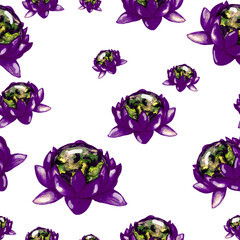watercolor pattern velvet blue lotus flower, petals, planet earth inside, surreal illustration