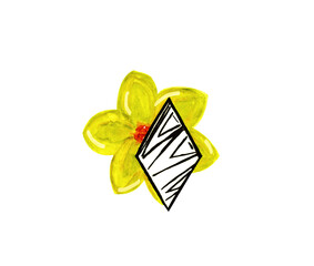 Colorful yellow chamomile flower, with geometric black and white shape, rhombus monochrome	